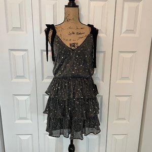 NWT Lulus Maddisun Metallic Star Tiered Ruffled Mini Dress.